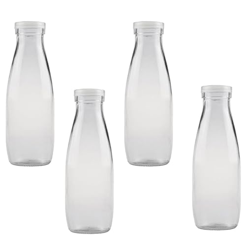 MALUGOGO Set of 4 Reusable 500ml Glass Bottles with Lids for Milk, Yogurt, Juice and Beverage Storage - Easy to Clean for Kitchen Use