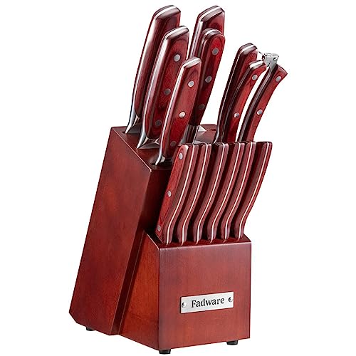 Generic Knife Block Set, 14 Pieces, Red, with Kitchen Shears, Honing Steel, and Storage Block