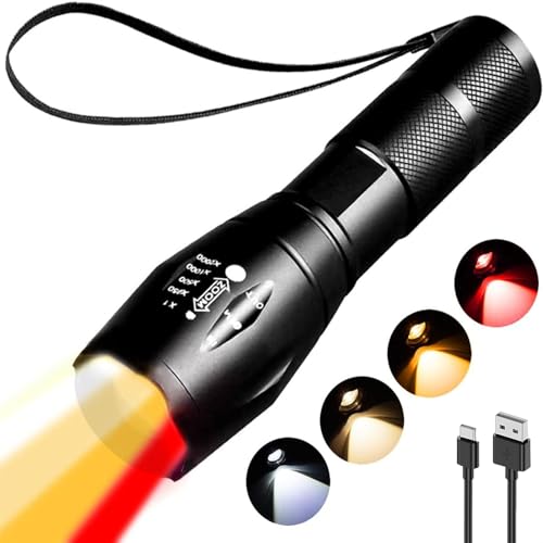 MODOAO 4 en 1 lampe de poche LED, rechargeable rouge jaune ambre blanc, 4 modes de photographie de remplissage de lumière, Zoomable imperméable multicolore torche pour pêche, camping, randonnée