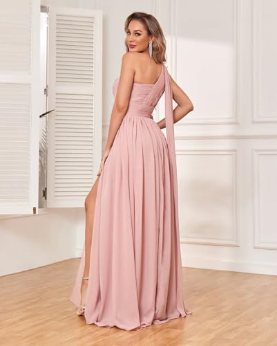 One Shoulder Chiffon Bridesmaid Dresses for Women with Pockets Long Ruched Formal Evening Dress with Slit2