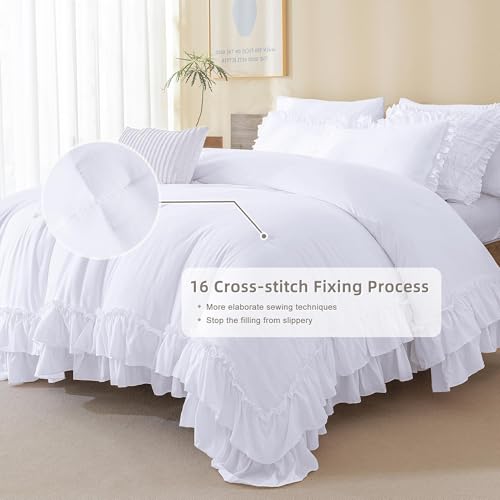 Image of QSH White Ruffled Comforter Twin Size,3PCs Farmhouse Shabby Boho Chic White Bedding Comforter Twin Vintage Lightweight Fluffy Microfiber Bedding Set