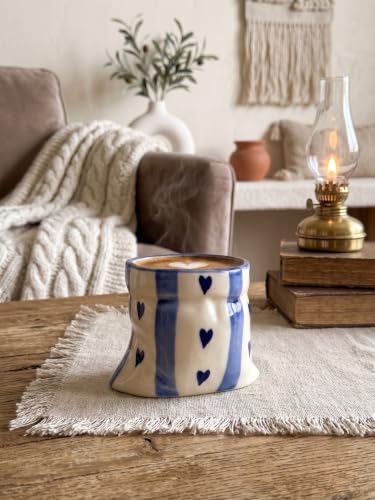 Image of Handmade Blue Heart Print Ceramic Pouch Mug - Aesthetic Blue Striped Pottery Coffee Cup for Tea, Coffee, Milk & Espresso | Cute Designer Handmade Mug for Women, Girls, Home & Cafe Use