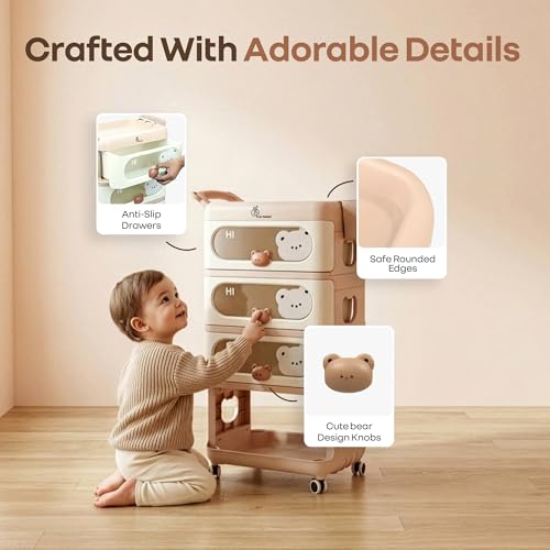 Image of R for Rabbit Kiddo Korner Bear Baby Organiser with Drawers & Wheels | Kids Toy & Clothes Storage with Open Shelf & Side Basket | Easy Plug N Play Installation with Lockable 360 Wheels (Brown Cream)