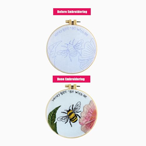 Image of YOUA Honeybee Embroidery Starter Kit for Beginners,Flower Cross Stitch Kits for Adults, Include Embroidery Clothes with Cute Bees and Flowers Patterns,Threads, Needles and Instruction