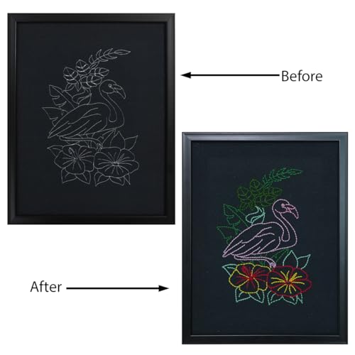 Image of picknMAKE Hand Cross Stitch Embroidery Kits for Beginners Adults with Cloth Fabric, Framed Pattern of Flamingo on Black Fabric to do Embroidery with Instruction and All Material Included