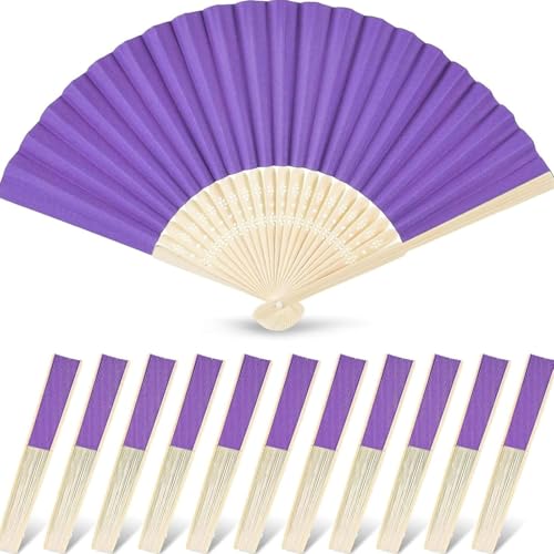 JOHOUSE 12 PCS Purple Paper Fans Handheld, 8.3 Inch Foldable Hand Fan