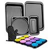 Nonstick baking pans set 9 pieces bakeware set stackable for oven with non stick cookie sheet squareround cake pans muffin loaf pan baking tray cooling rack and oven mitt  urban country home decor
