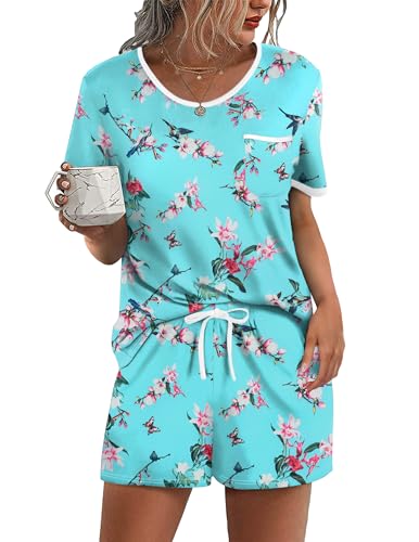 Image of Ekouaer Pajama Set for Women 2 Piece Lounge Set Short Sleeve Tops and Shorts Soft Sleepwear, Chest Pocket