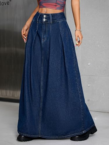 Women's Vintage Double Buckle High-Waisted Frayed A-Line Long Denim Skirt Pockets Blue4