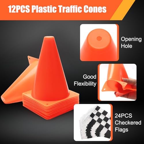 Windspeed 38PCS Racing Checkered Flags and Traffic Cones for Race Car Party, 24 Checkered Flags with Stick/ 12 Racing Traffic Cones/ 3Meter Triangle Flag/ 2Meter Racetrack Floor Running Mat