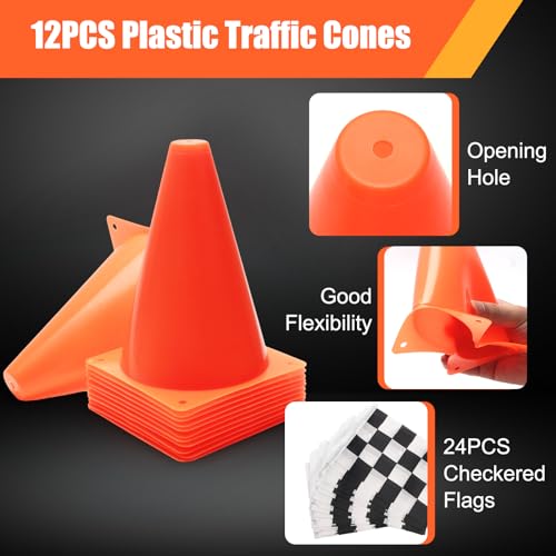 Windspeed 38PCS Racing Checkered Flags and Traffic Cones for Race Car Party, 24 Checkered Flags with Stick/ 12 Racing Traffic Cones/ 3Meter Triangle Flag/ 2Meter Racetrack Floor Running Mat
