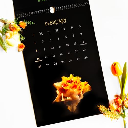 Image of 12 inchx18 inch Black & Bloom 2026 Wall Calendar | Vibrant Flowers on Pitch Black | Modern Botanical Art | Wiro-Bound | Indian Holidays Marked | Bold Home /Office Decor | Gloss Laminated
