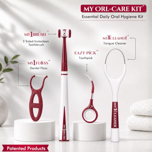 Image of MyOrl Care Dental Care Kit | Combo Pack of Ultra Soft Bristle Toothbrush, Dental Floss, Stainless Steel Tongue Cleaner & Interdental Toothpick | Daily Oral Care | All-in-One Pack (Maroon)