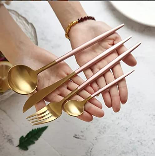 Image of aDai Premium Gold SUS304 Stainless Steel Cutlery Set - 8 Spoons, 4 Fork, 4 Steak Knife - Mirror Finish Dinnerware Flatware (Pink - Set of 16)