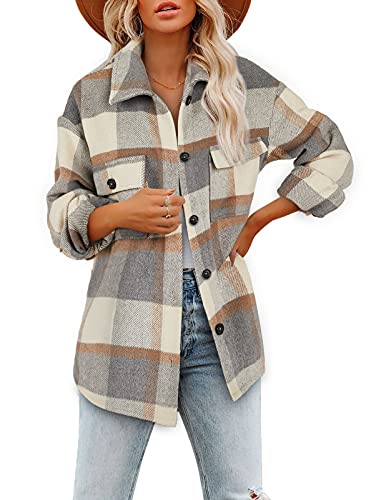 Womens Brushed Plaid Shirts Long Sleeve Flannel Lapel Collar Button Down Pocketed Shacket Jacket Coats Light Grey