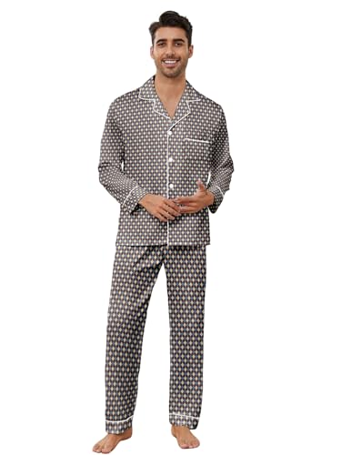 Mens Cotton Pajama Set, Long Sleeve Button Down Pajama Set for Men Plaid Men's Sleepwear