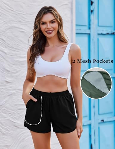 Ekouaer Damen Badeshorts Badehose Boxer Liner Hoch Taille Schwimmhose Boardshorts mit Taschen Sportshorts Schwarz L