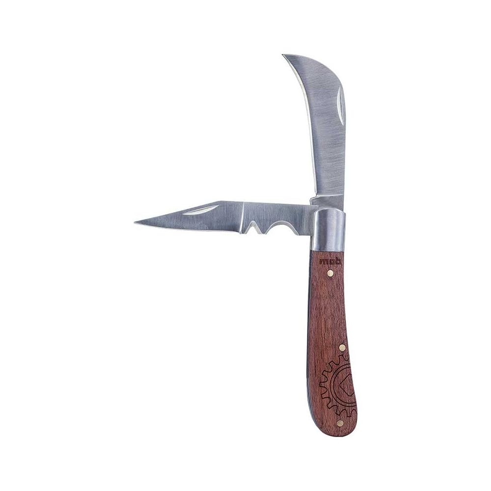 Couteau d’Électricien 2 Lames – Inox Trempé 50-55 HrC, Manche Bois Ergonomique, Lame Droite à Dénudage + Lame Incurvée, Rivets Laiton Brillant – Outil Polyvalent pour Électricien et Bricoleur