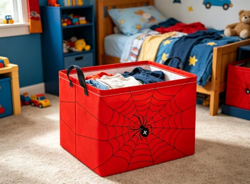 Image of Rectangular Baby Kids Storage Basket for Home Kitchen Girls Cute Toy Storage Bin Organizer Shelf Book Room Decor(Red Spider)