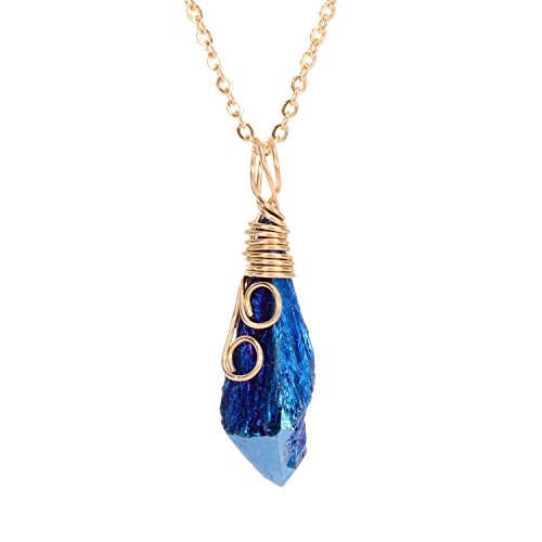 sedmart Natural Raw Blue Titanium Quartz Pendant Gold Plated Point Crystal Necklace Gemstone Jewelry Mothers Day Gifts