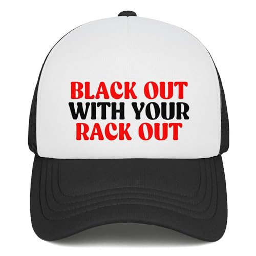 sxmluedn Funny Trucker Hat Black Out with Your Rack Out Gag Gifts Snapback Hat Drinking Joke Baseball Cap for Men Women
