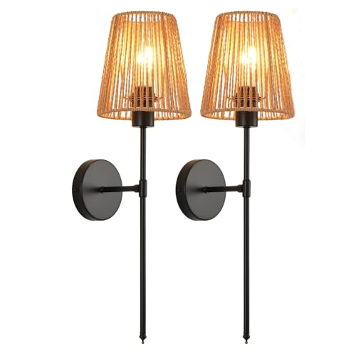 Lsliangmei Lámpara de Pared Rústica con Pantalla Tejida a Mano, 24,41 cm x 8,66 cm, Base E27, Negro Mate, Paquete de 2