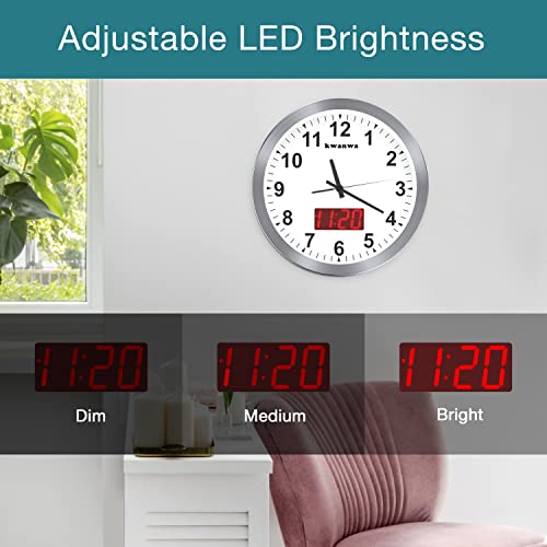 Wall Clock, 12" Metal Quartz Led Wall Clock, 1.4'' Light Sensor Auto Digital Led Time Display Or Temperature, Adjustable Brightness, Battery Operated, Non Ticking Silent Quiet Sweep Second Hand #TOP4