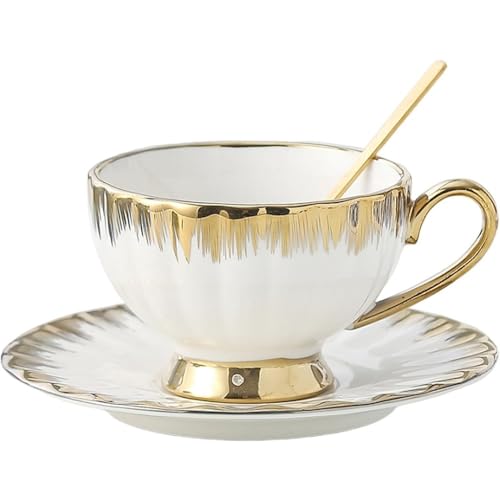 Huiyiwert Set di tazze da caffè in porcellana, con piattino, 220 ml, con bordo dorato, tazza da caffè (oro)