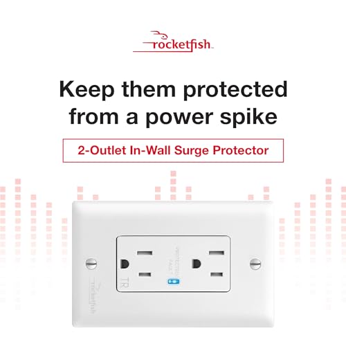 Rocketfish 2-Outlet in-Wall Surge Protector - Electrical Outlet for Power Surge Protection - Wall Outlet with Status LED & 15A AC Outlets - Tamper Resistant Electrical in-Wall Outlet - White