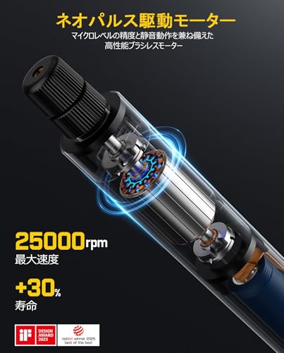 Fanttik F2 Master ミニルーター 5段変速 25000RPM高速回転 コードレス 4V USB-C 充電式 マグネット回転式 35個付属品 LEDライト コンパクト 軽量 彫刻 穴あけ 研磨 切断 切削 つや出し 汚れ落とし DIY工具 レッド