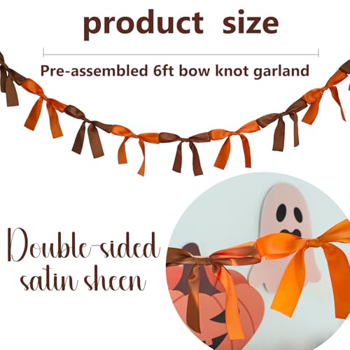 Image of Fall Bow Knot Garland | 6ft Linking Satin Bow Banner with 3ft Extend Ribbon for Thanksgiving Party, Autumn Banners Signs, Brown Bed Decor (Orange & Brown, 6ft)