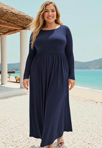 Image of Nemidor Plus Size Maxi Dress for Curvy Women Fall Casual Loose Long Sleeve Dresses with Pocket 14-26
