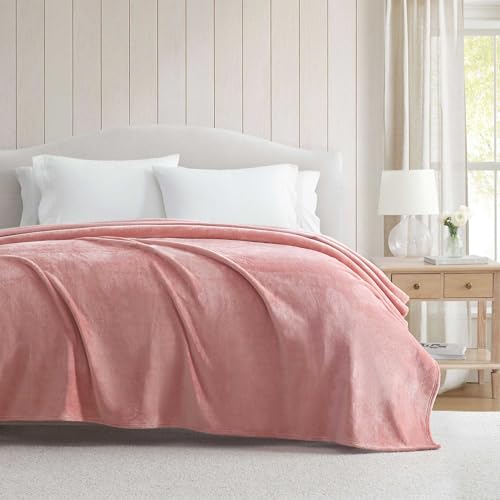 Image of Martha Stewart - King Size Blanket, Ultra-Soft Plush Fleece Throw Blanket with Double-Needle Stitching, 350 GSM, Medium Weight Bedding for Bed or Couch (Bedford Solid Pink)