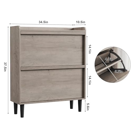 GarveeHome Shoe Cabinet with 2 Flip Drawers, Wooden Shoe Organizer with Adjustable Shelf, Shoe Storage for Entryway, Hidden Shoe Cabinet for Hallway, Living Room, Grey