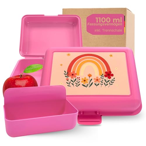 Fiambrera infantil con diseño – robusta fiambrera para guardería, escuela y viajes – sin BPA y sin sabor – fiambrera con compartimentos aprox. 1100 ml de capacidad, color: diseño de arco iris