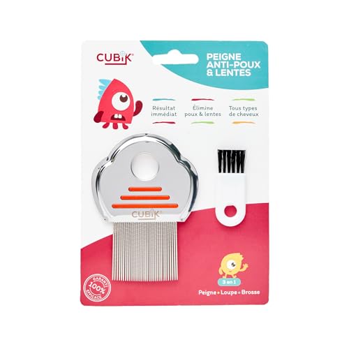 CUBIK - Peigne Anti-Poux et Lentes en Acier Inoxydable avec Loupe et Brosse - Kit Complet 3 en 1 - Élimination 100% Naturelle des Poux et Lentes - Traitement...
