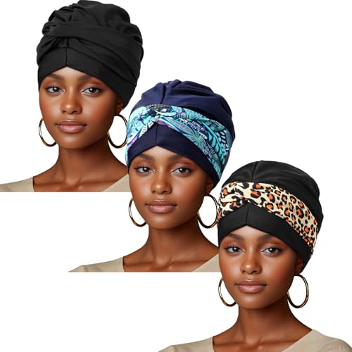 Soulchen 3 Pcs Swim Cap Large Swimming Turban for Women Youth Extra Large Swim Cap for Braids Thick Curly Hair Dreadlocks Weaves Braids XL Turban Keep Hair Dry(Black Blue Gray Leopard Print)