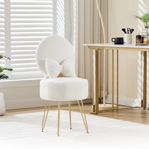 TUFSPRAX Chaise de Coiffeuse Confortable avec Dossier Pliable – Tabouret Blanc en Peluche Sherpa, Coussin Moelleux, Espace de Rangement intégré, Pieds dorés – Idéal décoration, Blanc
