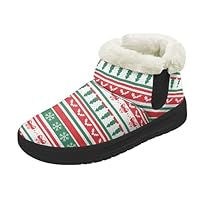 Kuiaobaty Nordic Xmas Pattern Warm Fluffy Lined Snow Boots Women Christmas Tree Snowflake Warm Boots Slippers, Green Red Striped Soft Booties, Size 9.5
