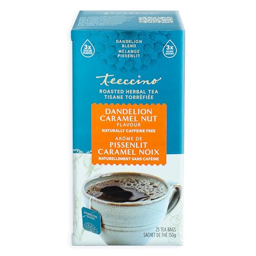 Teeccino Dandelion Caramel Nut Herbal Tea - Caffeine Free, Roasted with Prebiotics, 3x More Herbs than Regular Tea Bags, Gluten Free - 25 Bags