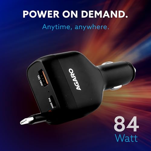 Image of AGARO Turbo 84W 3 in1 Car Charger with 86 cm Retractable Cable (30W Type-C PD) & Dual Port (18W USB-A & 30W Type-C) for Android, iPhone, iPad, Earbuds, Tablet, Power Bank & USB-powered devices (Black)