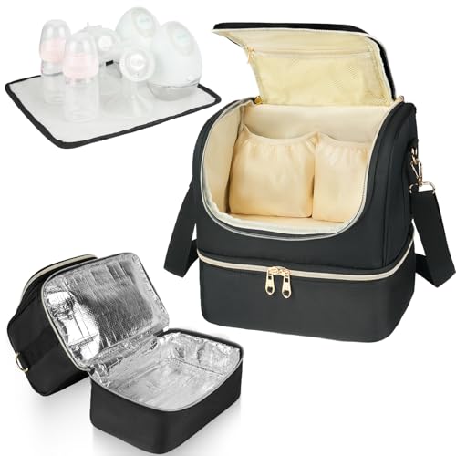Jaffzora Bolsa portátil para sacaleches, enfriador integrado y bolsa de hielo, compatible con Willow/Elvie/Medela, resistente al agua, color negro