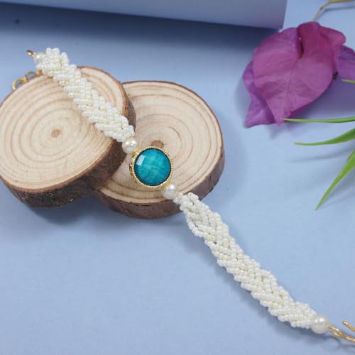 Image of I Jewels Designer Kundan Pearl beaded Bhaiya Bhabhi Lumba Rakhi Bracelet Combo Set With Roli Chawal & Rakshabandhan Greeting Card