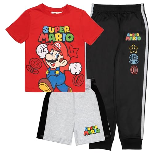 Nintendo Super Mario Bros Boys 3-Piece Pants Set - Short Sleeve T-Shirt Shorts and Jogger Pants 3-Pack Bundle Set (Red/Gray/Black Size 7)