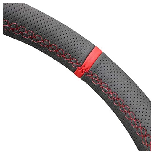 MEWANT handstygn svart äkta läder rattskydd för Seat Leon Cupra R 2013-2019/Leon ST Cupra 2013-2019/Ateca Cupra 2016-2019/Ateca FR 2016-2019 03.black perforated genuine leather + black genuine leather + red marker + red thread