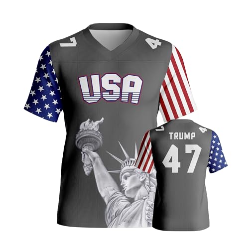 Rffov 2024 USA 47th Election Football Jersey America Flag President Trump Football Shirt with Statue of Liberty Gray X-Large