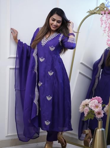 Image of Nermosa Women Printed Anarkali Kurta and Pant Set with Dupatta