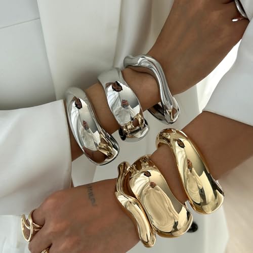 Gold Bangle Bracelets for Women Trendy Chunky Wide Cuff Stackable Bangles Irregular Minimalist Jewelry Accessories4