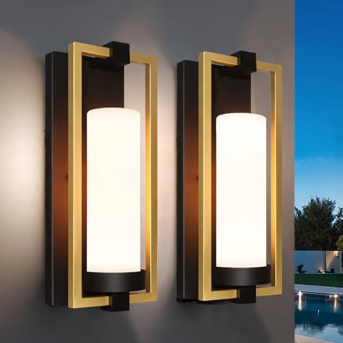 ALVIME Modern Gold Outdoor Wall Light Fixtures, 15 Inch 2 Pack Outdoor Wall Sconce for House, Waterproof Exterior Lighting Fixtures for Garage, Doorway, Porch, Patio, E26 Base&Etched Opal Glass