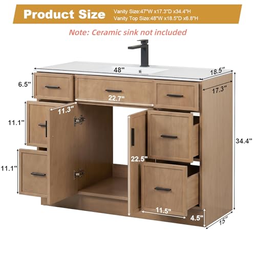 Image of 48 Inch Bathroom Vanity, Modern Bathroom Vanity Without Sink, Freestanding Bathroom Cabinet with 2 Soft Closing Doors & 6 Storage Drawers, Natural